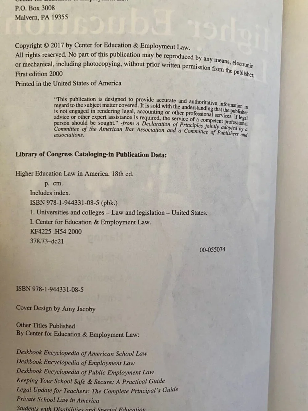 Higher Education Law in America by Center for Education & Employment, 18th Edit